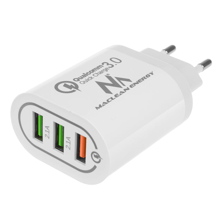 Caricabatterie 1xQC 3.0 Maclean Energy MCE479 W - bianco Qualcomm Quick Charge QC 3.0 - 3,6-6VV / 3A, 6-9V / 2A, 9-12V / 1,5A e 2 prese 5V / 2,1A