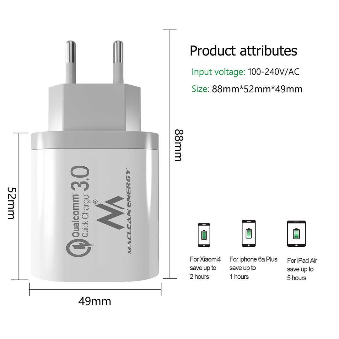 Caricabatterie 1xQC 3.0 Maclean Energy MCE479 W - bianco Qualcomm Quick Charge QC 3.0 - 3,6-6VV / 3A, 6-9V / 2A, 9-12V / 1,5A e 2 prese 5V / 2,1A
