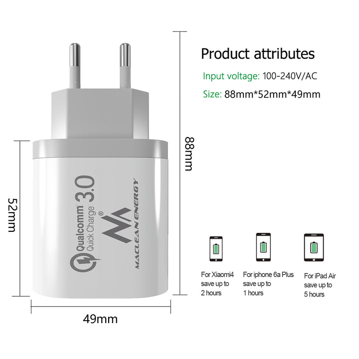 Caricabatterie 1xQC 3.0 Maclean Energy MCE479 W - bianco Qualcomm Quick Charge QC 3.0 - 3,6-6VV / 3A, 6-9V / 2A, 9-12V / 1,5A e 2 prese 5V / 2,1A