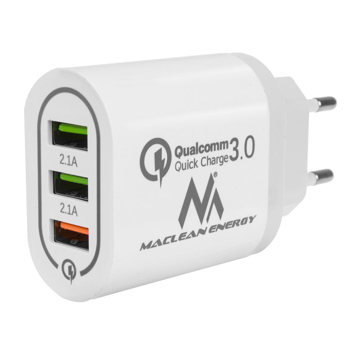 Caricabatterie 1xQC 3.0 Maclean Energy MCE479 W - bianco Qualcomm Quick Charge QC 3.0 - 3,6-6VV / 3A, 6-9V / 2A, 9-12V / 1,5A e 2 prese 5V / 2,1A