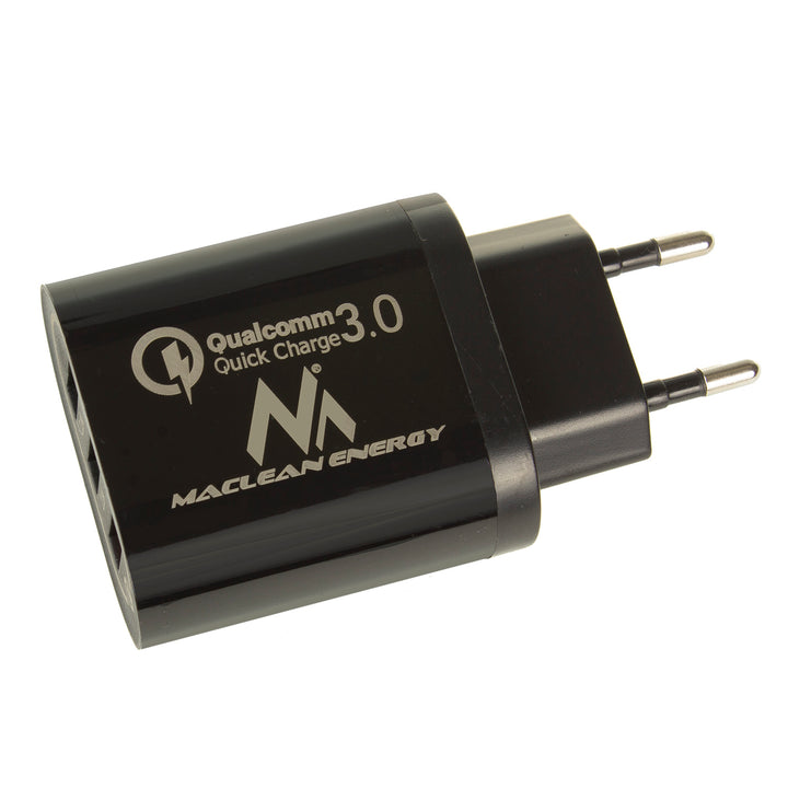 Caricabatterie 1xQC 3.0 Maclean Energy MCE479 B - nero Qualcomm Quick Charge QC 3.0 - 3,6-6VV / 3A, 6-9V / 2A, 9-12V / 1,5A e 2 prese 5V / 2,1A