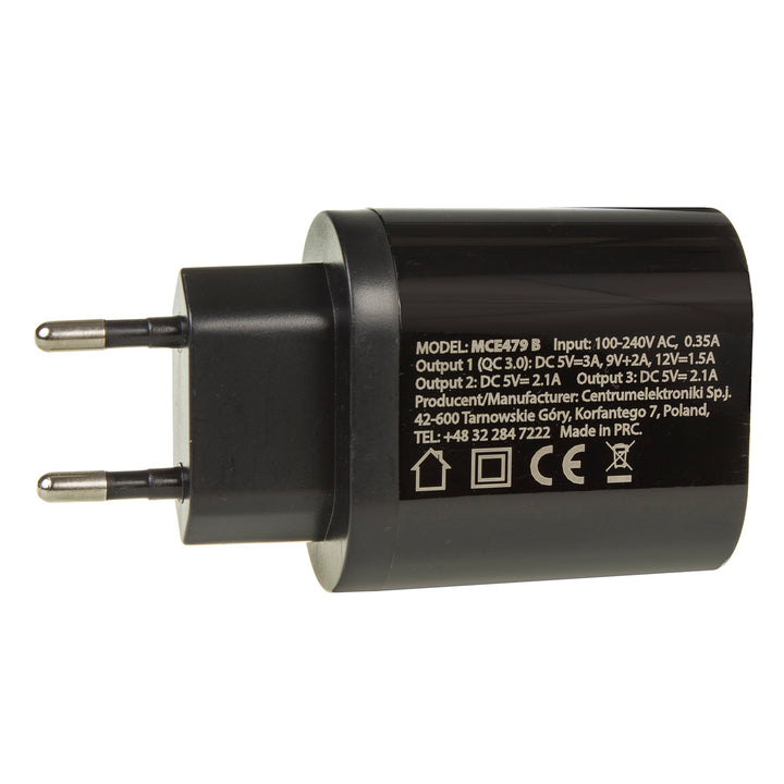 Caricabatterie 1xQC 3.0 Maclean Energy MCE479 B - nero Qualcomm Quick Charge QC 3.0 - 3,6-6VV / 3A, 6-9V / 2A, 9-12V / 1,5A e 2 prese 5V / 2,1A