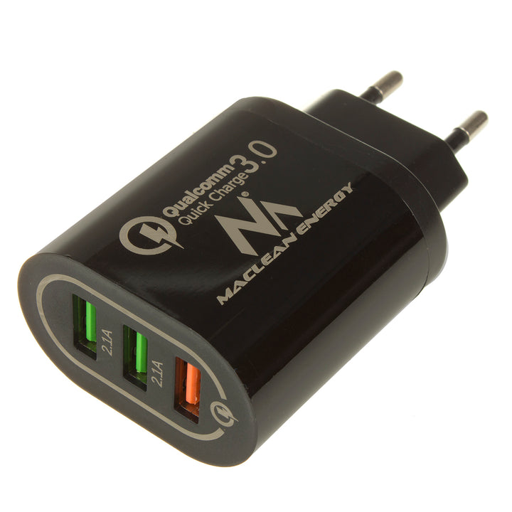 Caricabatterie 1xQC 3.0 Maclean Energy MCE479 B - nero Qualcomm Quick Charge QC 3.0 - 3,6-6VV / 3A, 6-9V / 2A, 9-12V / 1,5A e 2 prese 5V / 2,1A