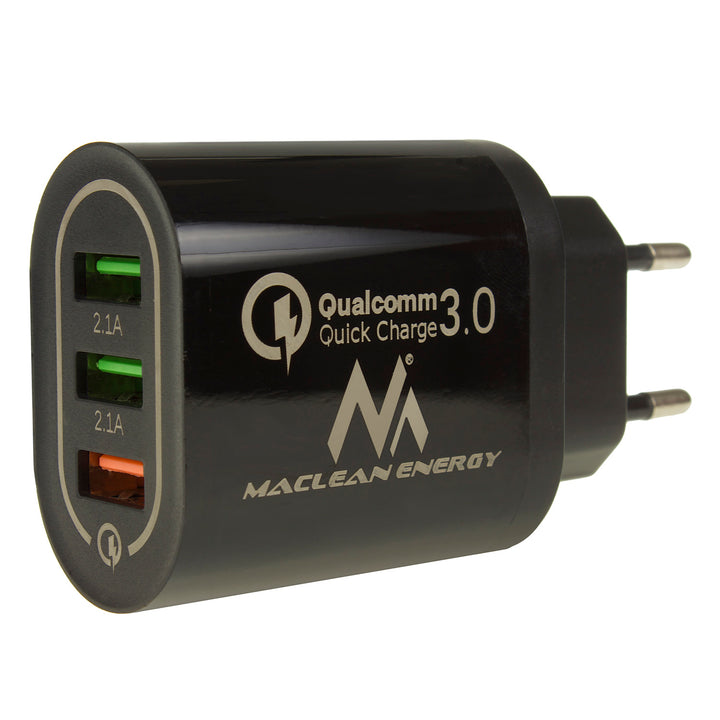 Caricabatterie 1xQC 3.0 Maclean Energy MCE479 B - nero Qualcomm Quick Charge QC 3.0 - 3,6-6VV / 3A, 6-9V / 2A, 9-12V / 1,5A e 2 prese 5V / 2,1A
