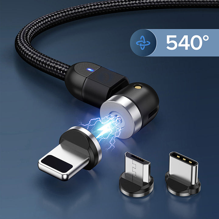 Cavo magnetico 3in1 USB C - Maclean Energy MCE474 angolato da 1 m in nero, supporta la ricarica rapida 9V / 2A, 5V / 3A, treccia di nylon,