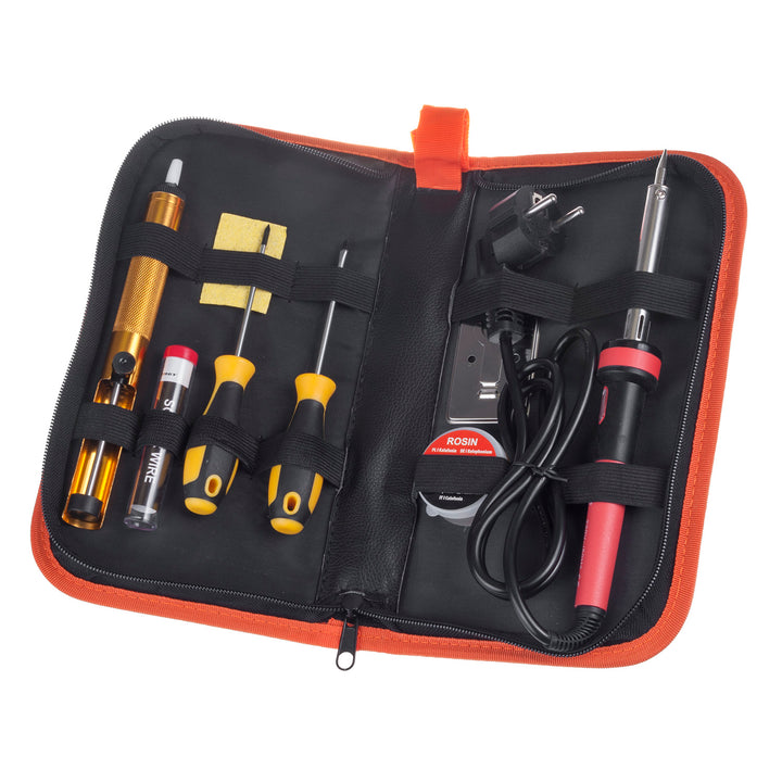 Kit di saldatura Maclean, grotta/resistenza a terra da 60W, stagno, colofonia, estrattore, supporto, cacciaviti, valigetta, MCE390