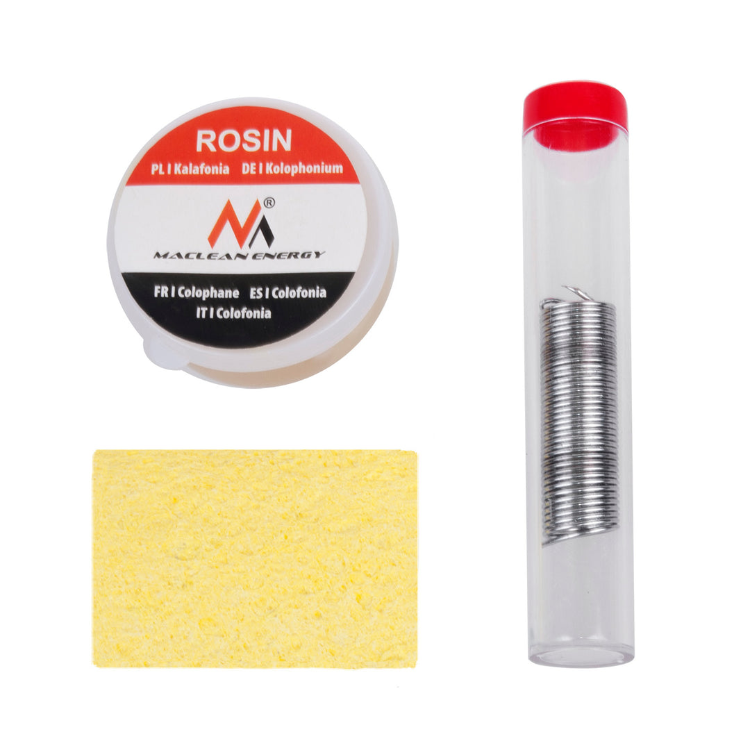 Kit di saldatura Maclean, grotta/resistenza a terra da 60W, stagno, colofonia, estrattore, supporto, cacciaviti, valigetta, MCE390