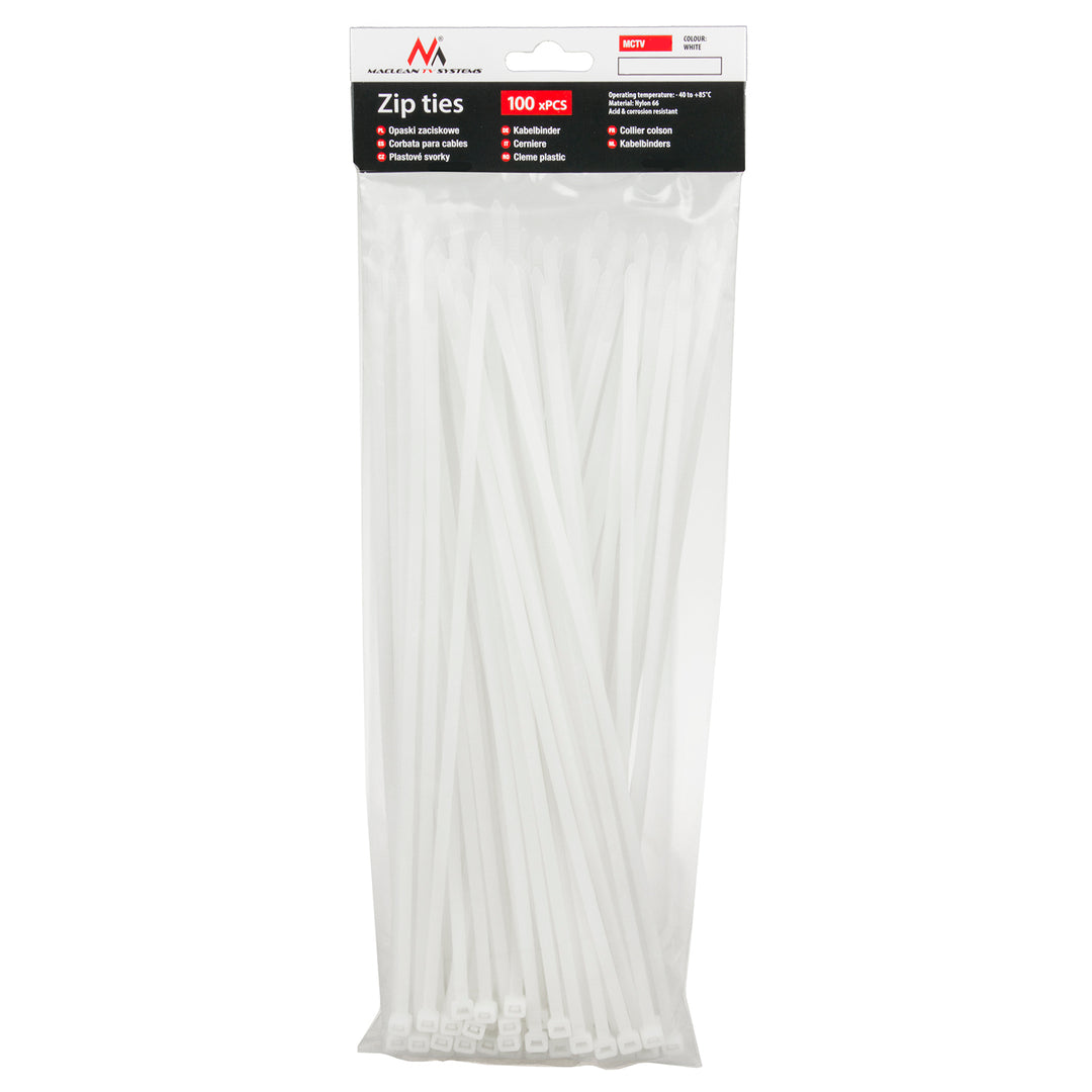 Fascette (100 pz) Maclean MCTV-465 W - bianco, 4,8x300 mm, resistente ai raggi UV, temperatura di utilizzo - 40 +85 gradi C.