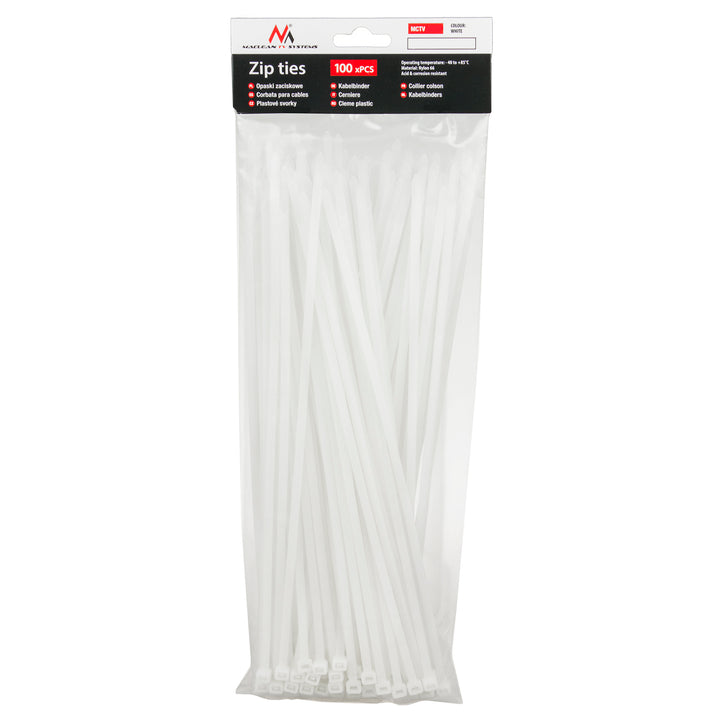 Fascette (100 pz) Maclean MCTV-465 W - bianco, 4,8x300 mm, resistente ai raggi UV, temperatura di utilizzo - 40 +85 gradi C.