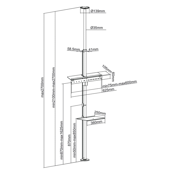 Maclean MC-791N Porta TV telescopico, soffitto e pavimento con mensola  37 "-70", max. 30 kg