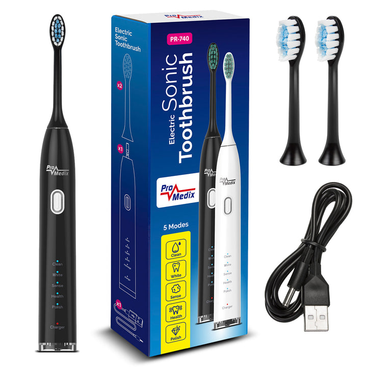 Promedix PR-740 B Spazzolino elettrico sonico con custodia da viaggio Spazzolino da denti 5 modalità di pulizia con 2 testine timer 2 minuti IPX7 Ricarica USB impermeabile Nero