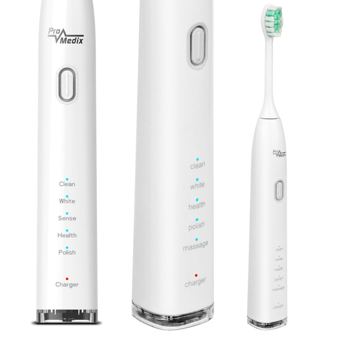 Spazzolino sonico Promedix PR-740 W bianco, 5 modalità, timer, indicatore del livello della batteria 2 testine nel set e cavo USB