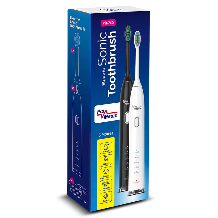 Spazzolino sonico Promedix PR-740 W bianco, 5 modalità, timer, indicatore del livello della batteria 2 testine nel set e cavo USB