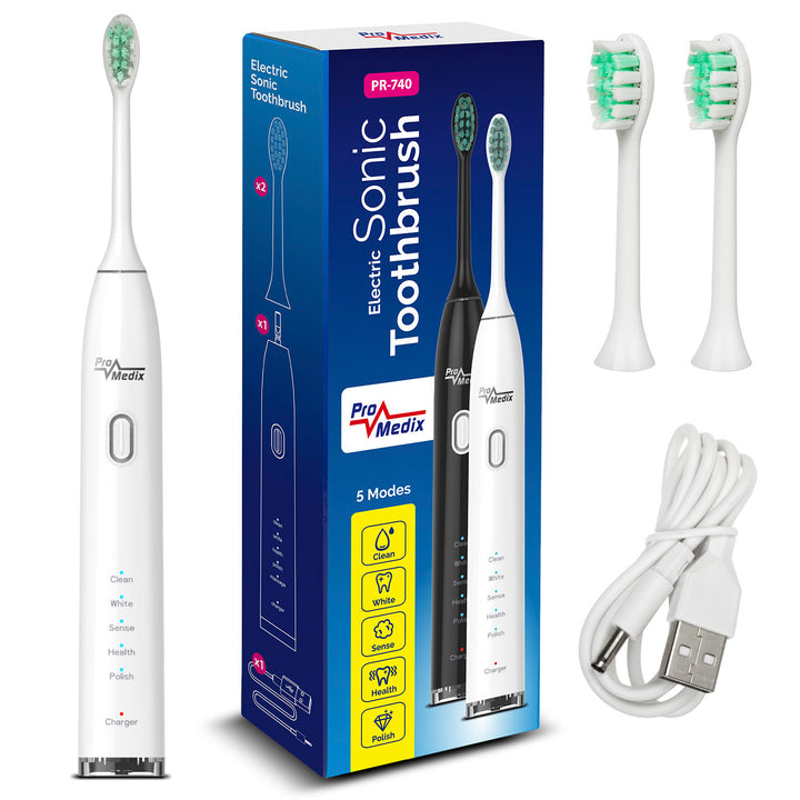 Spazzolino sonico Promedix PR-740 W bianco, 5 modalità, timer, indicatore del livello della batteria 2 testine nel set e cavo USB