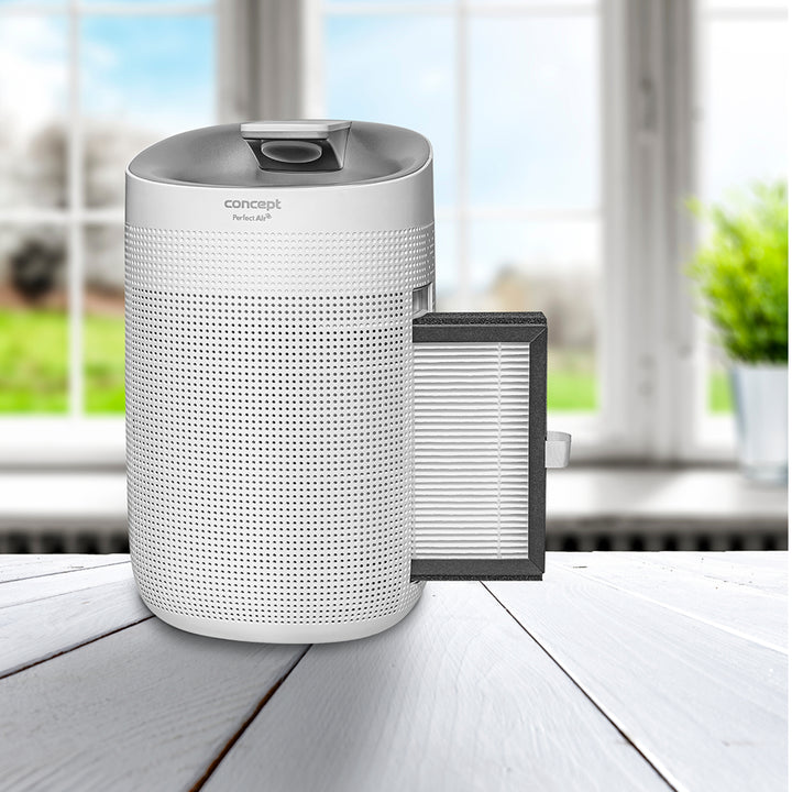 Concept Perfect Air OV1200 deumidificatore e purificatore d'aria 2 in 1 750 ml / giorno per stanze fino a 25m2 Filtrazione a 3 stadi Purificatore d'aria per ambienti con filtro a carbone Hepa 13 1L (bianco)
