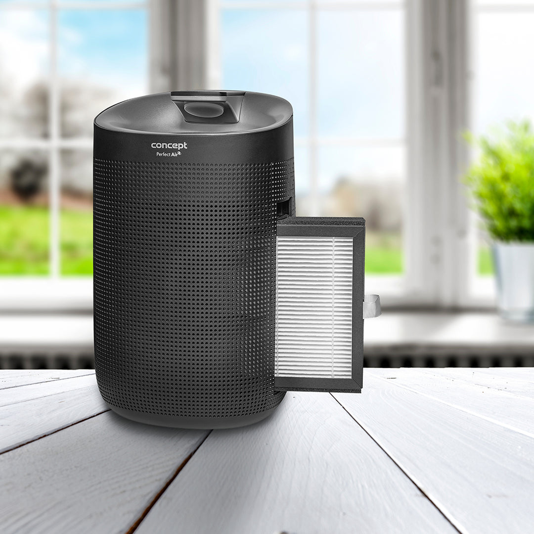 Concept Perfect Air OV1210 Deumidificatore e purificatore d'aria 2in1 750 ml/giorno per stanze fino a 25m2 Filtrazione a 3 stadi Depuratore d'aria per ambiente con filtro a carbone Hepa 13 1L (nero)