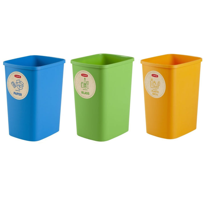 Curver Eco Friendly Set di 3 Contenitiori Sistema di Separazione dei Rifiuti Pattumiere Raccolta Differenziata Carta di Riciclaggio di Vetro e Plastica Bidoni di plastica (3x10L)