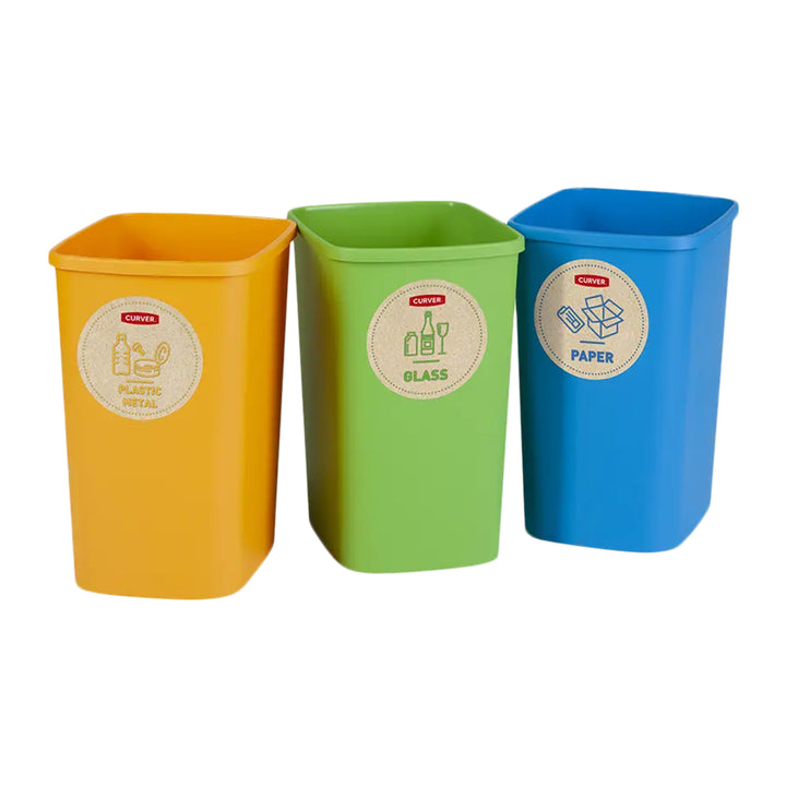 Curver Eco Friendly Set di 3 Contenitiori Sistema di Separazione dei Rifiuti Pattumiere Raccolta Differenziata Carta di Riciclaggio di Vetro e Plastica Bidoni di plastica (3x10L)