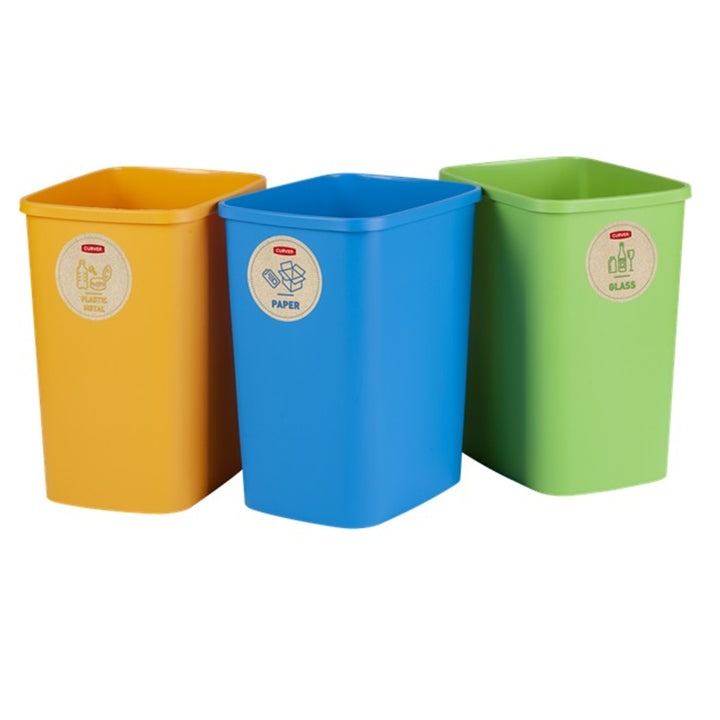 Curver Eco Friendly Set di 3 Contenitiori Sistema di Separazione dei Rifiuti Pattumiere Raccolta Differenziata Carta di Riciclaggio di Vetro e Plastica Bidoni di plastica (3x10L)