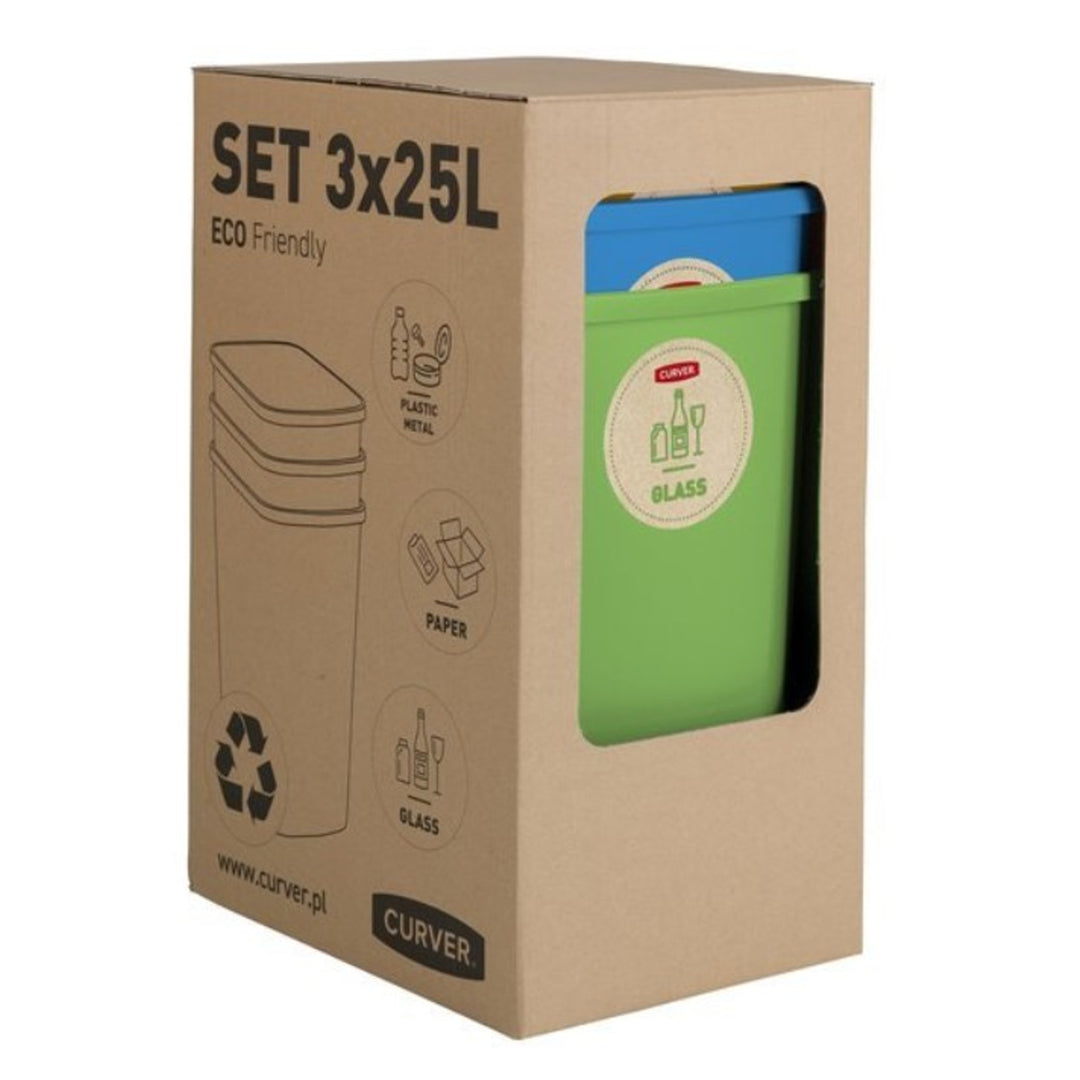 Curver Eco Friendly Set di 3 Sistema di Separazione dei Rifiuti Pattumiera Raccolta DifferenziataCarta di Riciclaggio di Vetro e Plastica Bidoni di plastica (3x25L)