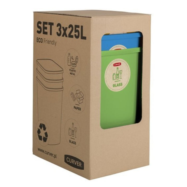 Curver Eco Friendly Set di 3 Sistema di Separazione dei Rifiuti Pattumiera Raccolta DifferenziataCarta di Riciclaggio di Vetro e Plastica Bidoni di plastica (3x25L)