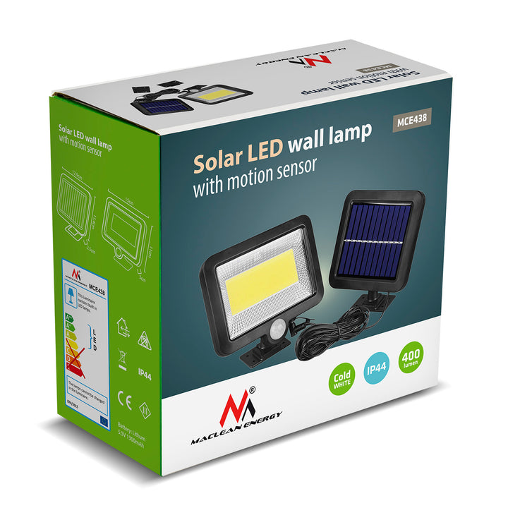 Proiettore LED solare con sensore di movimento Maclean Energy IP44, 5W, 400lm, 6000K bianco freddo, batteria al litio 1300 mAh, 5,5V DC MCE438
