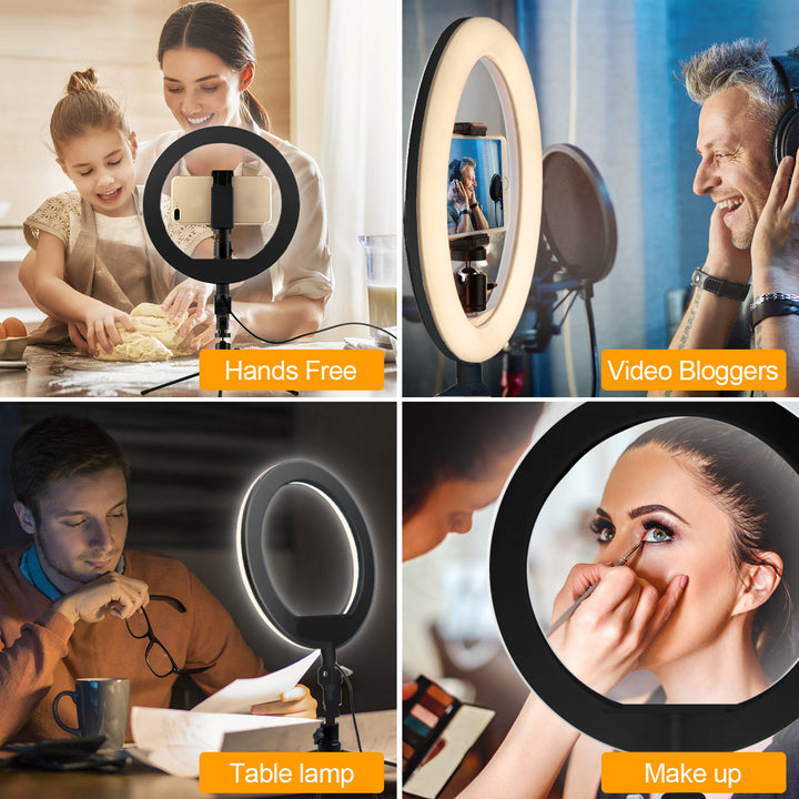 Maclean MCE610 Anello luminoso a LED da 10 "12W con  treppiede e attivazione Bluetooth 3 colori 10 livelli di luminosità 10% -100% Luminosità regolabile Luce di illuminazione per supporto smartphone 160 LED