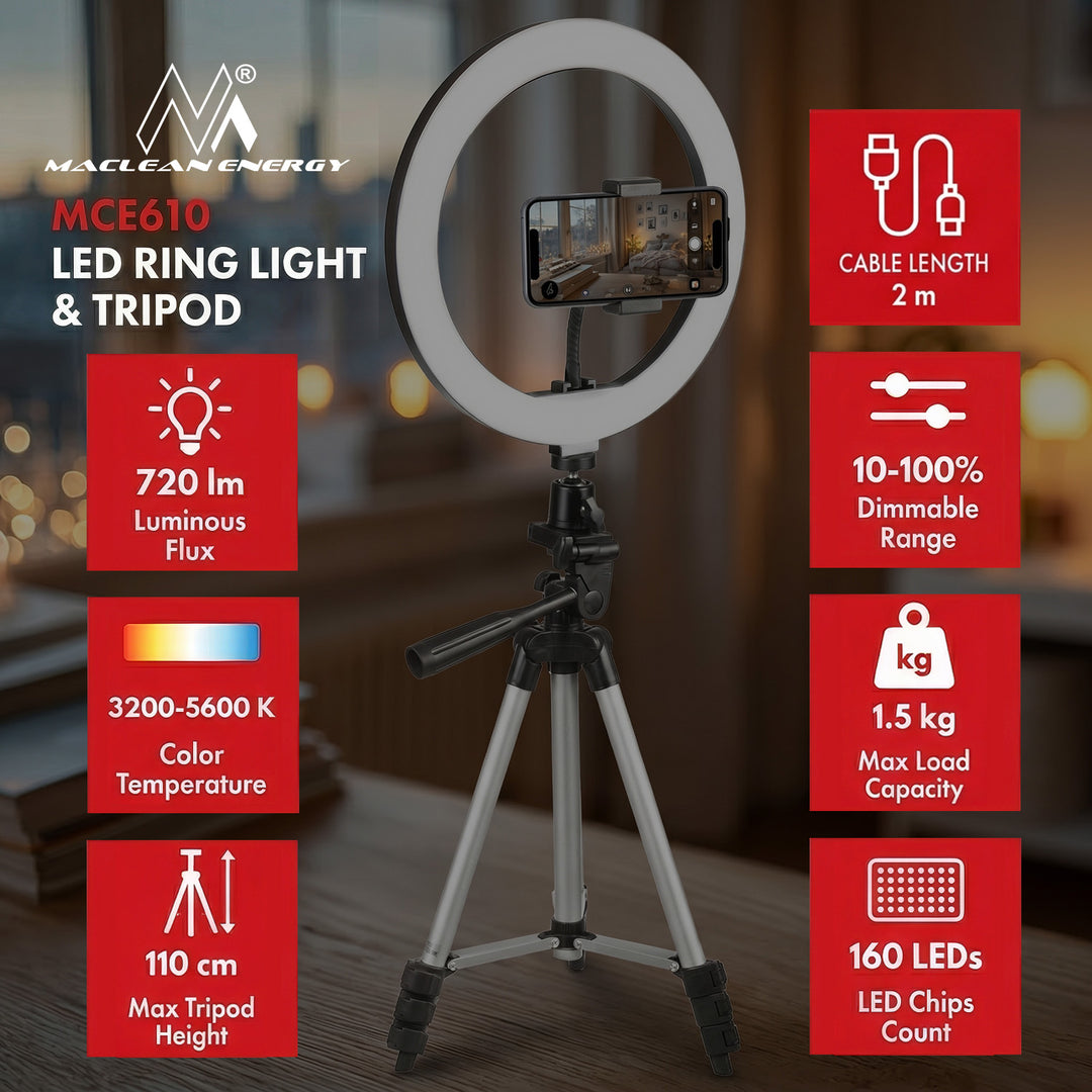 Maclean MCE610 Anello luminoso a LED da 10 "12W con  treppiede e attivazione Bluetooth 3 colori 10 livelli di luminosità 10% -100% Luminosità regolabile Luce di illuminazione per supporto smartphone 160 LED