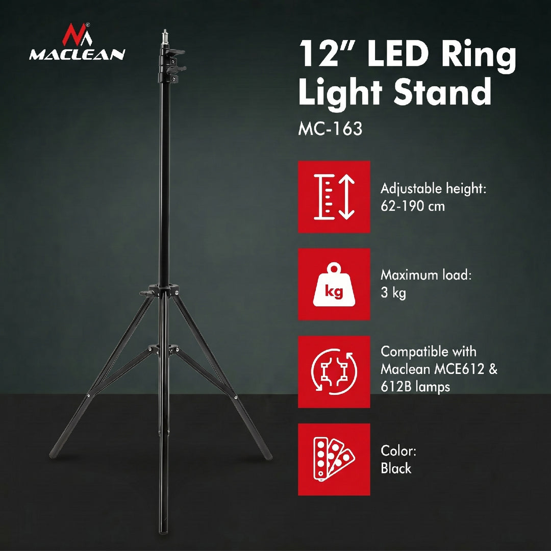 Maclean MC-163 stativo Treppiede per anello luminoso da 12 "altezza regolabile 62-190 cm Supporto per lampada con capacità di carico di 3 kg stativo per luce