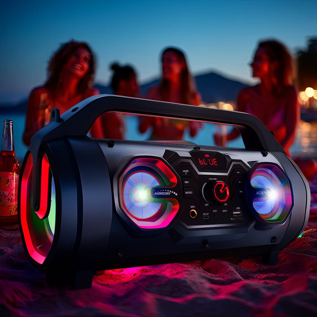 Audiocore AC875 Bazooka Altoparlante Bluetooth portatile Boombox 30W (20W + 5Wx2) IPX4 A  / Radio / microSD / Aux-In / USB / Illuminazione / Porta microfono