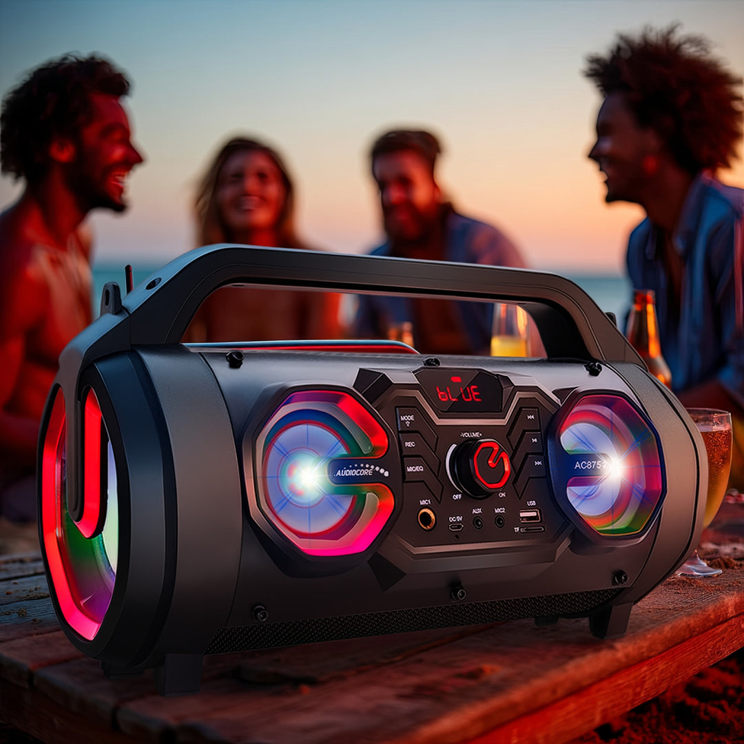 Audiocore AC875 Bazooka Altoparlante Bluetooth portatile Boombox 30W (20W + 5Wx2) IPX4 A  / Radio / microSD / Aux-In / USB / Illuminazione / Porta microfono