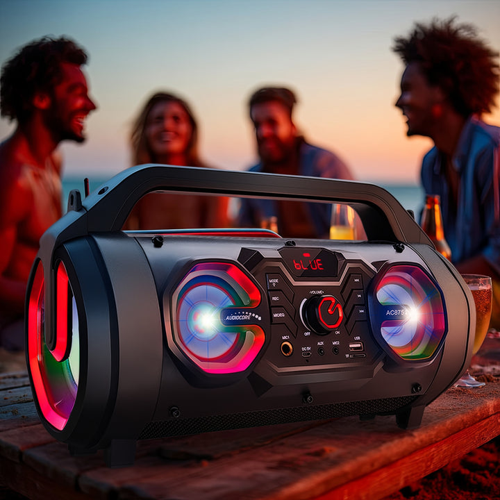 Audiocore AC875 Bazooka Altoparlante Bluetooth portatile Boombox 30W (20W + 5Wx2) IPX4 A  / Radio / microSD / Aux-In / USB / Illuminazione / Porta microfono