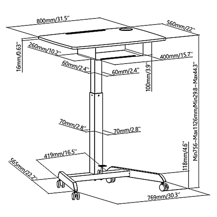 Scrivania per laptop regolabile in altezza con ruote e scrivania sit-stand con un cassetto Altezza regolabile fino a max. 113cm max. 8kg (Nero)