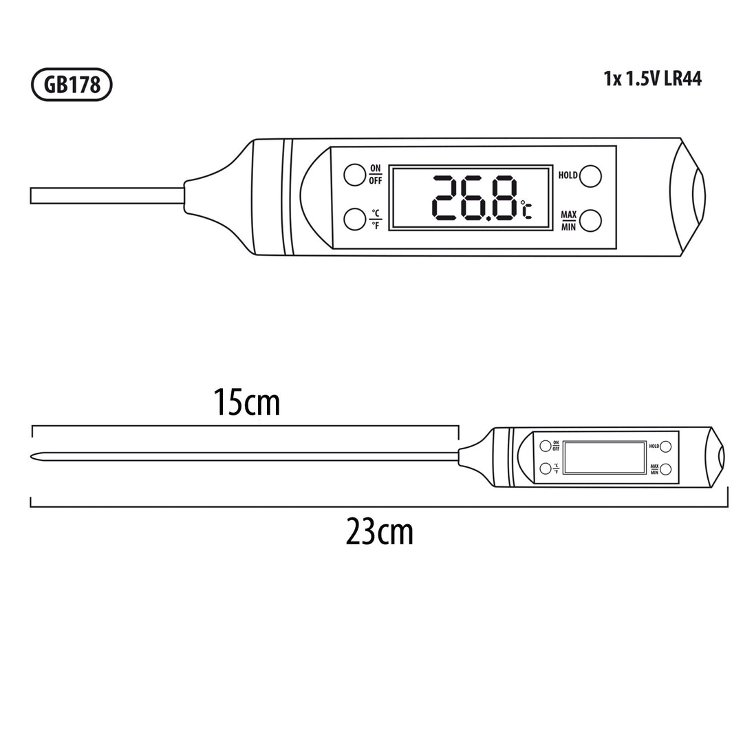 Termometro/sonda per alimenti, GreenBlue, lunghezza sonda 15 cm, intervallo di temperatura da -50 gradi C a +300 gradi C, precisione 0,1 gradi C, GB178