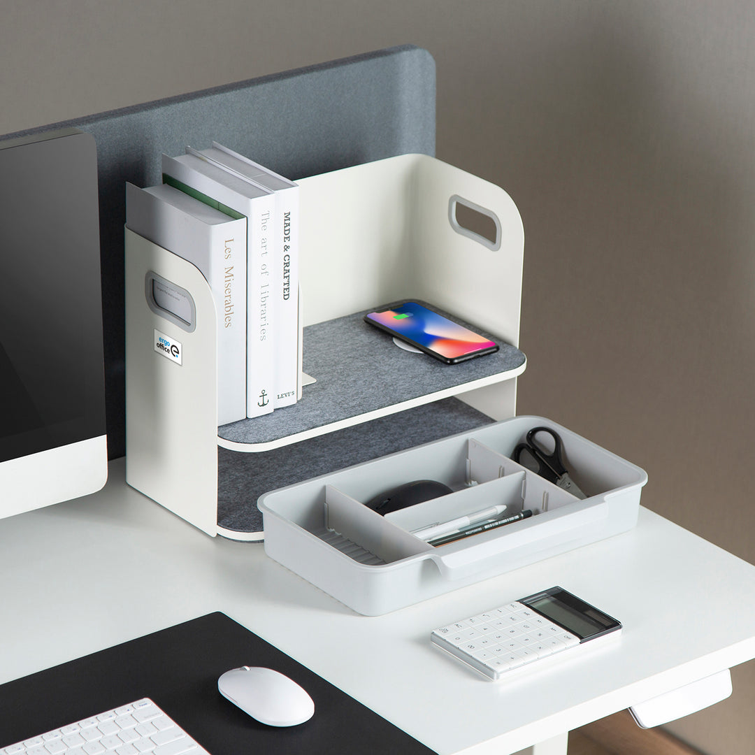 Organizzatore da tavolo con cassetto e caricabatterie wireless Ergo Office, bianco, max. 10 kg, ER-441
