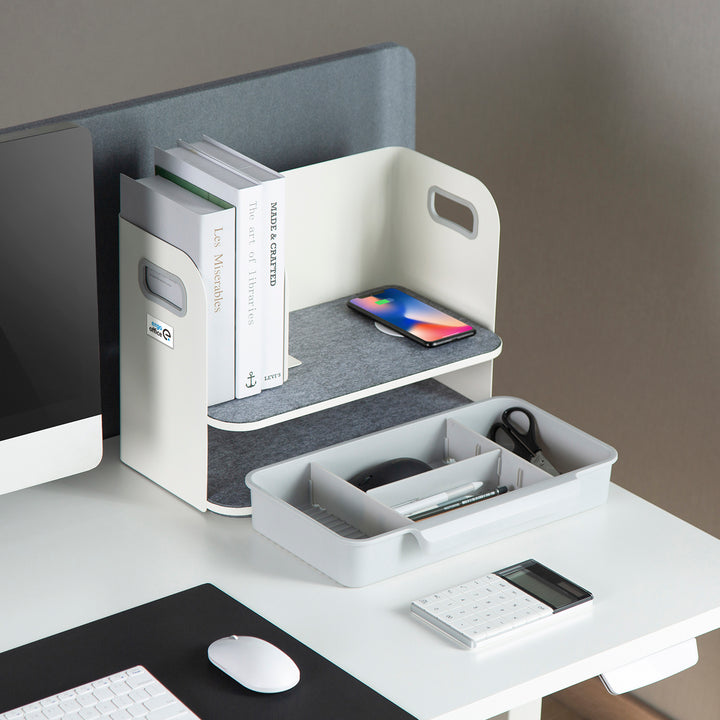 Organizzatore da tavolo con cassetto e caricabatterie wireless Ergo Office, bianco, max. 10 kg, ER-441
