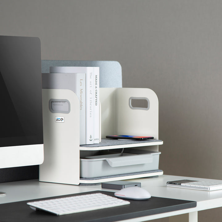 Organizzatore da tavolo con cassetto e caricabatterie wireless Ergo Office, bianco, max. 10 kg, ER-441
