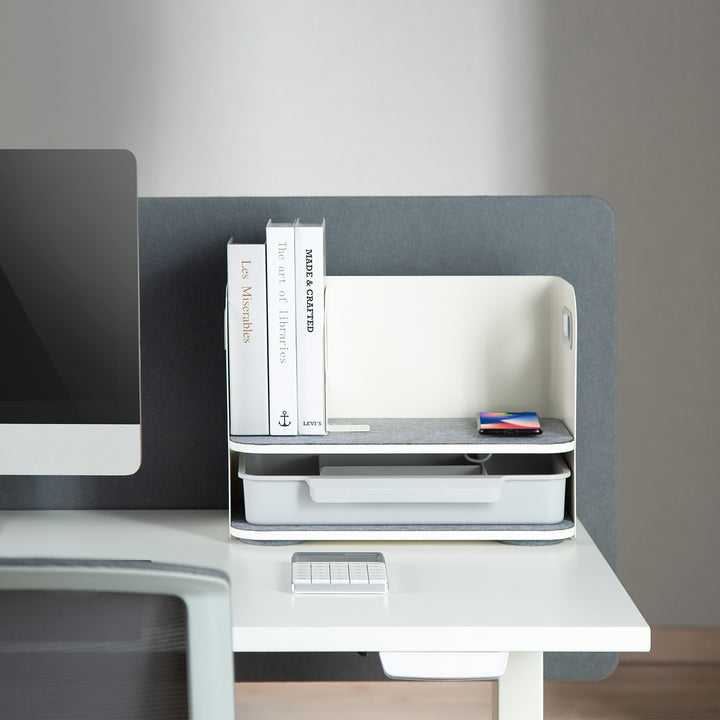 Organizzatore da tavolo con cassetto e caricabatterie wireless Ergo Office, bianco, max. 10 kg, ER-441