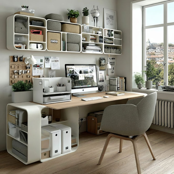 Organizzatore da tavolo con cassetto e caricabatterie wireless Ergo Office, bianco, max. 10 kg, ER-441