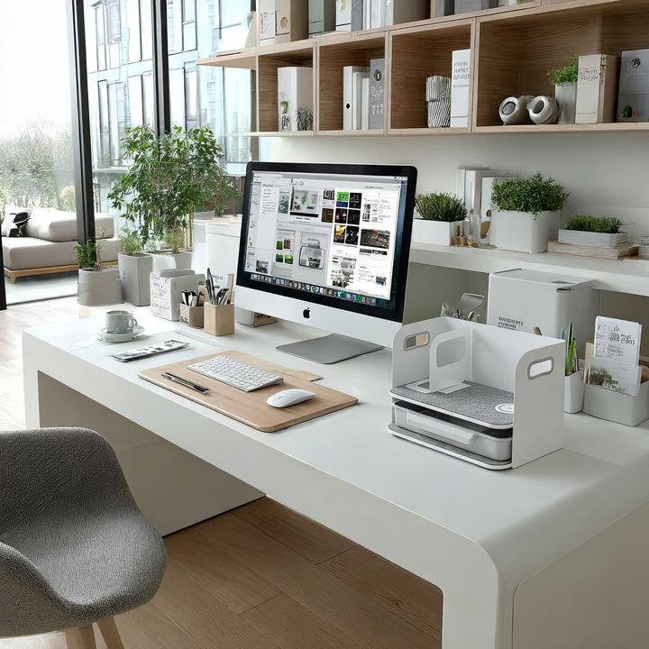 Organizzatore da tavolo con cassetto e caricabatterie wireless Ergo Office, bianco, max. 10 kg, ER-441