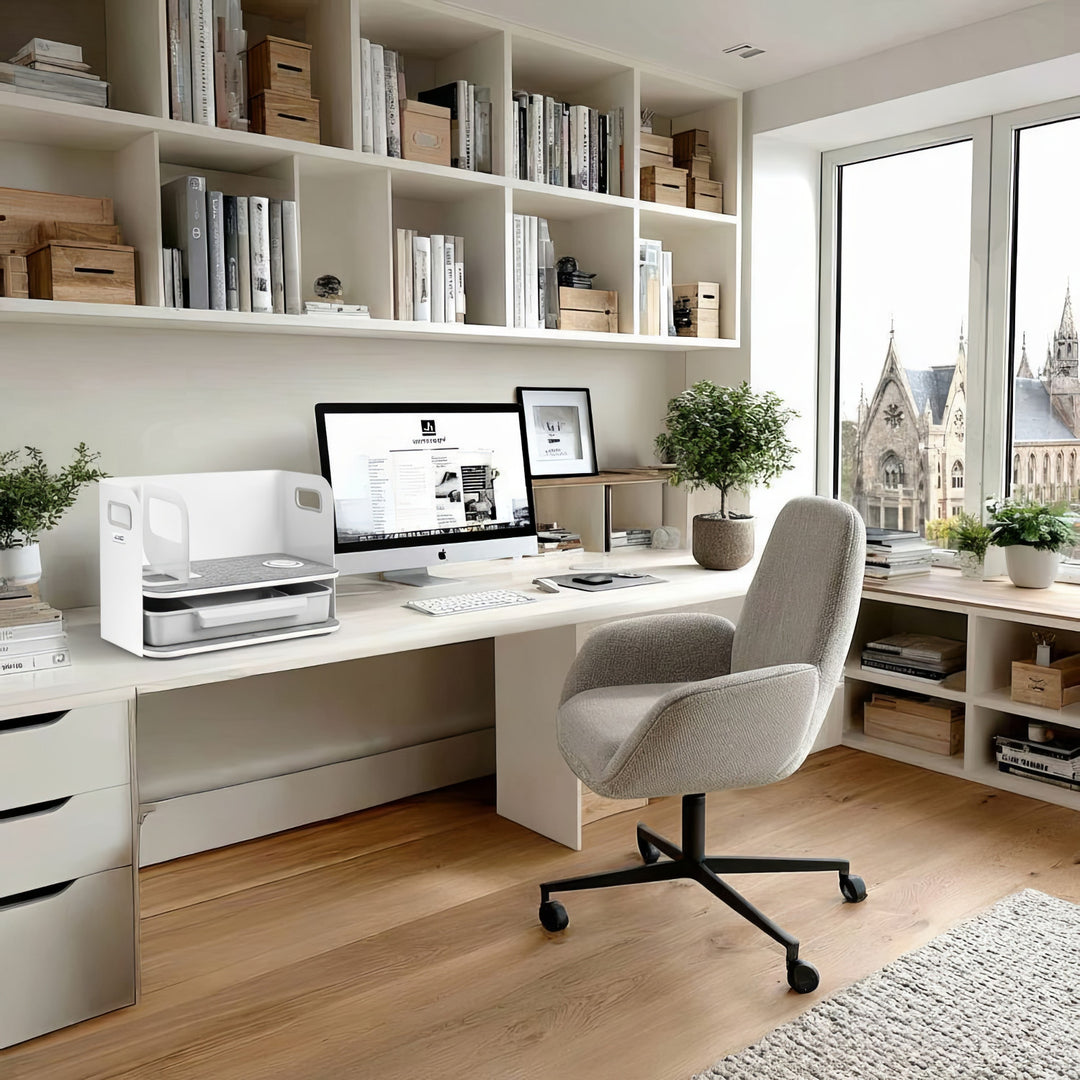 Organizzatore da tavolo con cassetto e caricabatterie wireless Ergo Office, bianco, max. 10 kg, ER-441