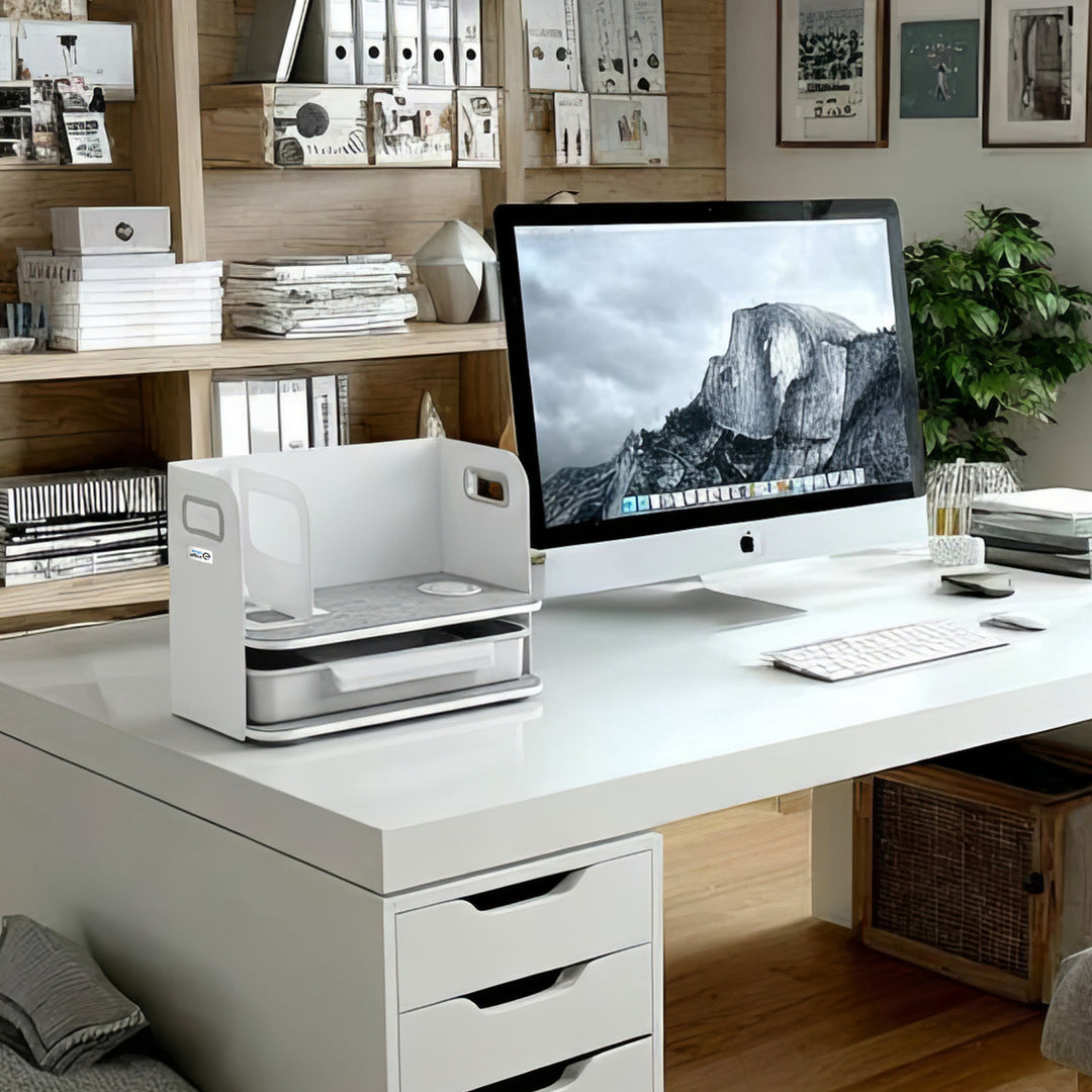 Organizzatore da tavolo con cassetto e caricabatterie wireless Ergo Office, bianco, max. 10 kg, ER-441