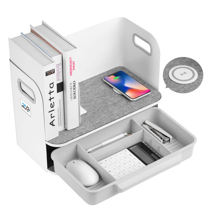 Organizzatore da tavolo con cassetto e caricabatterie wireless Ergo Office, bianco, max. 10 kg, ER-441