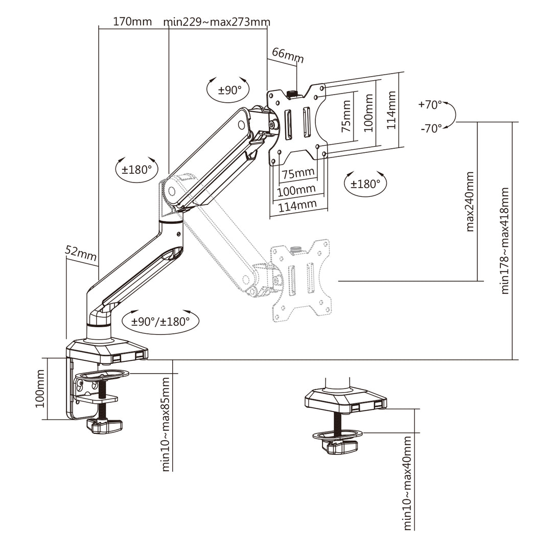 Supporto per monitor Ergo Office in alluminio con molla a gas, braccio doppio, vesa 75x75/100x100, 17"-32" 10 kg, argento, ER-447
