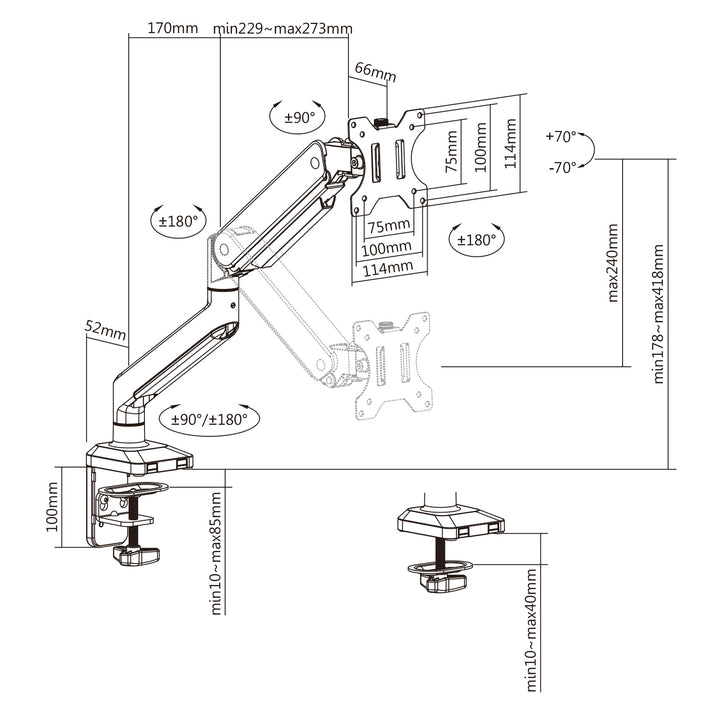 Supporto per monitor Ergo Office in alluminio con molla a gas, braccio doppio, vesa 75x75/100x100, 17"-32" 10 kg, argento, ER-447