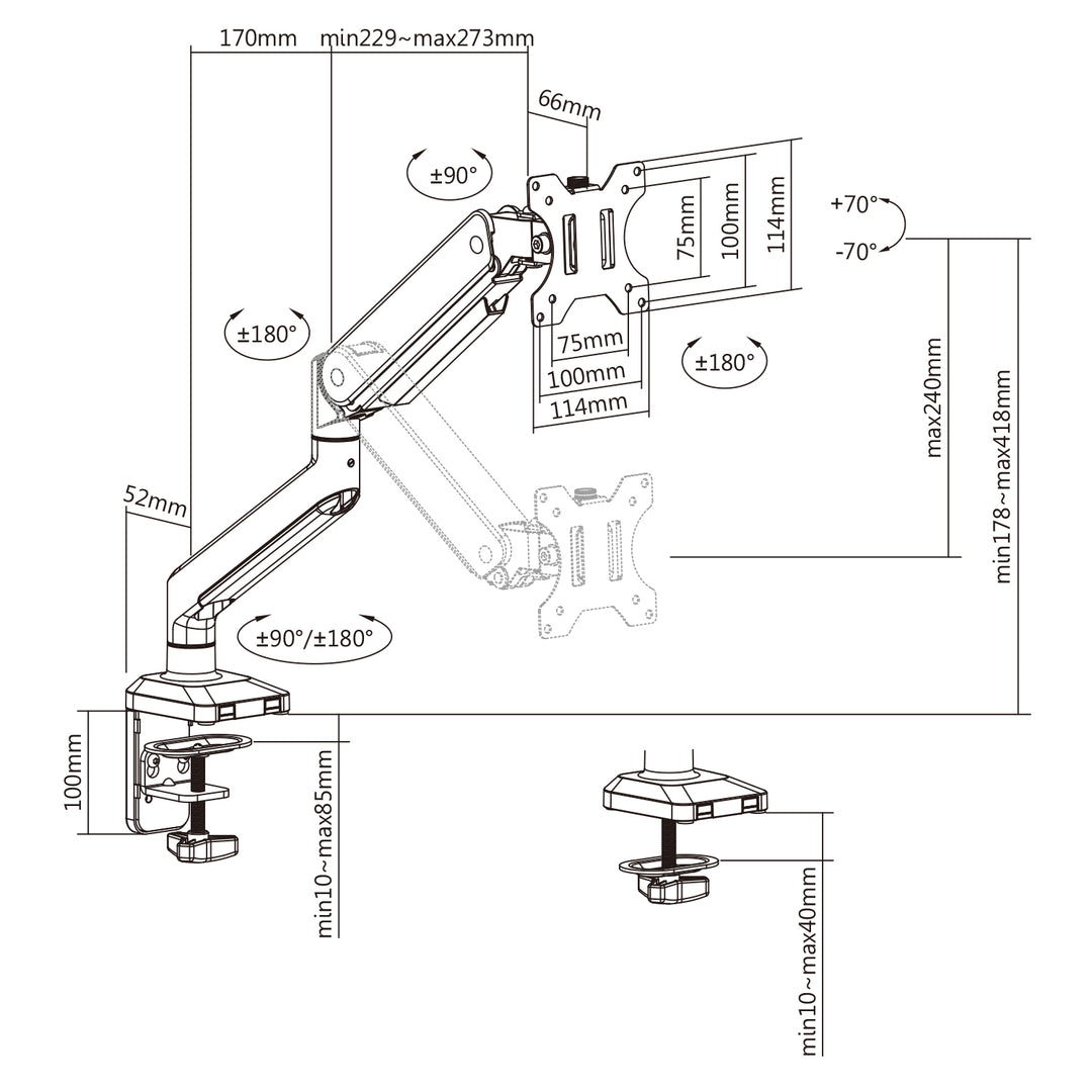Supporto universale per monitor da tavolo Ergo Office, molla a gas 17"-35" 15kg, VESA 75x75 / 100x100, ER-445