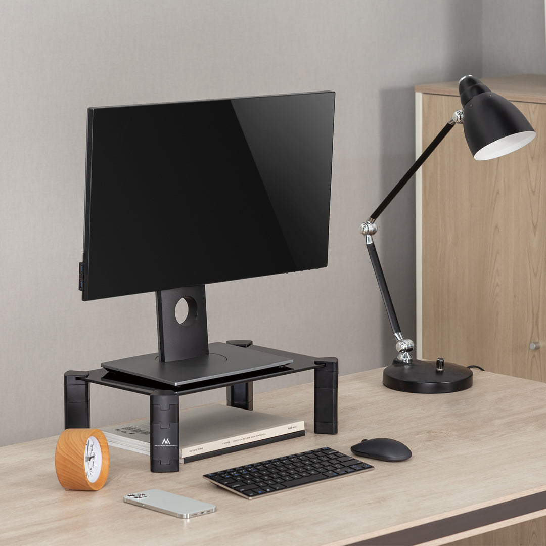 Maclean MC-934 Supporto per monitor/laptop Altezza regolabile dello schermo Supporto in vetro temperato Alzatina per portatile fino a max. 20kg