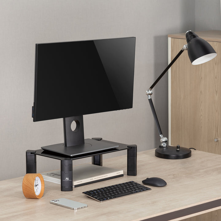 Maclean MC-934 Supporto per monitor/laptop Altezza regolabile dello schermo Supporto in vetro temperato Alzatina per portatile fino a max. 20kg