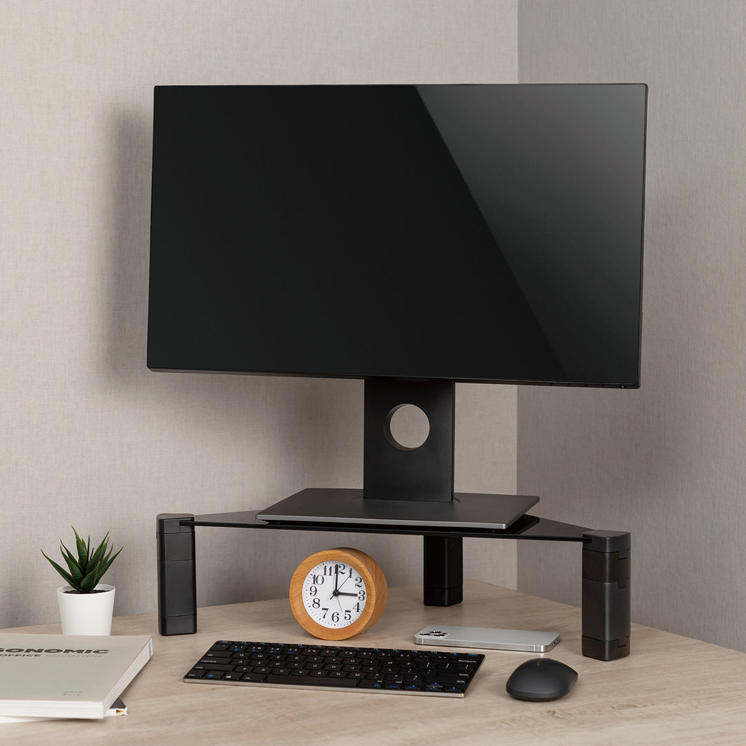 Maclean MC-935 Supporto triangolare per monitorcon regolazione in altezza fino a 20 kg Alzacomputer Rialzo Superficie vetro temperato