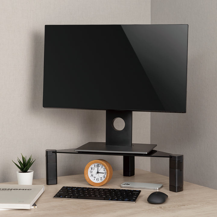 Maclean MC-935 Supporto triangolare per monitorcon regolazione in altezza fino a 20 kg Alzacomputer Rialzo Superficie vetro temperato
